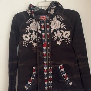 Johnny Was Embroidered Camo Zip-Up Hoodie Jacket - Dark Green